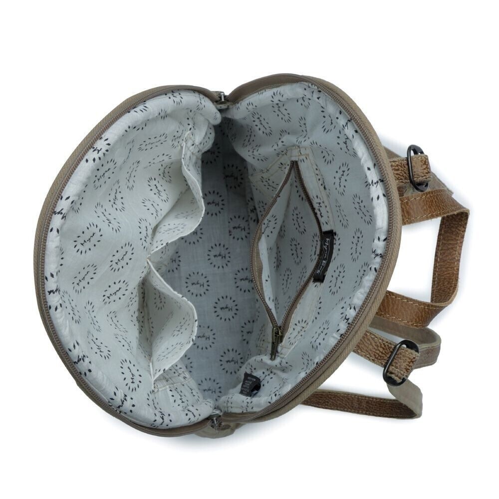 Myra Bag Handmade Crossroads Backpack Upcycled Canvas & Cowhide Leather - Picture 7 of 8